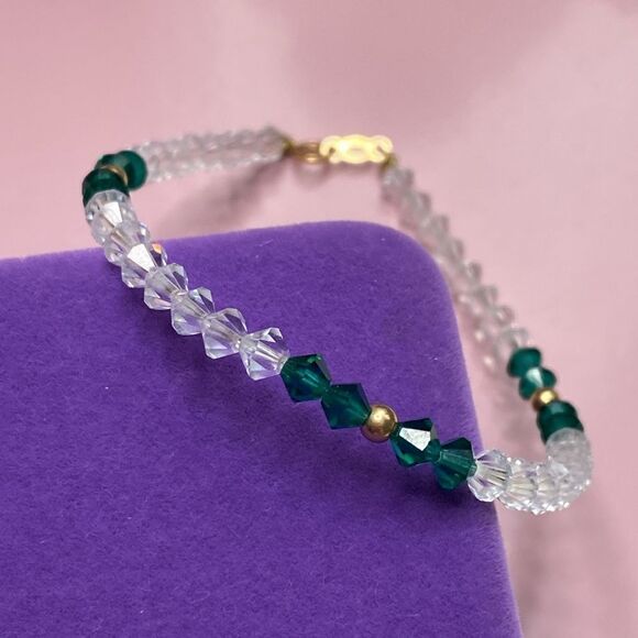 💛 Vintage 14k Gold & Green/White Austrian Crystal Stacking Bracelet - Picture 1 of 4